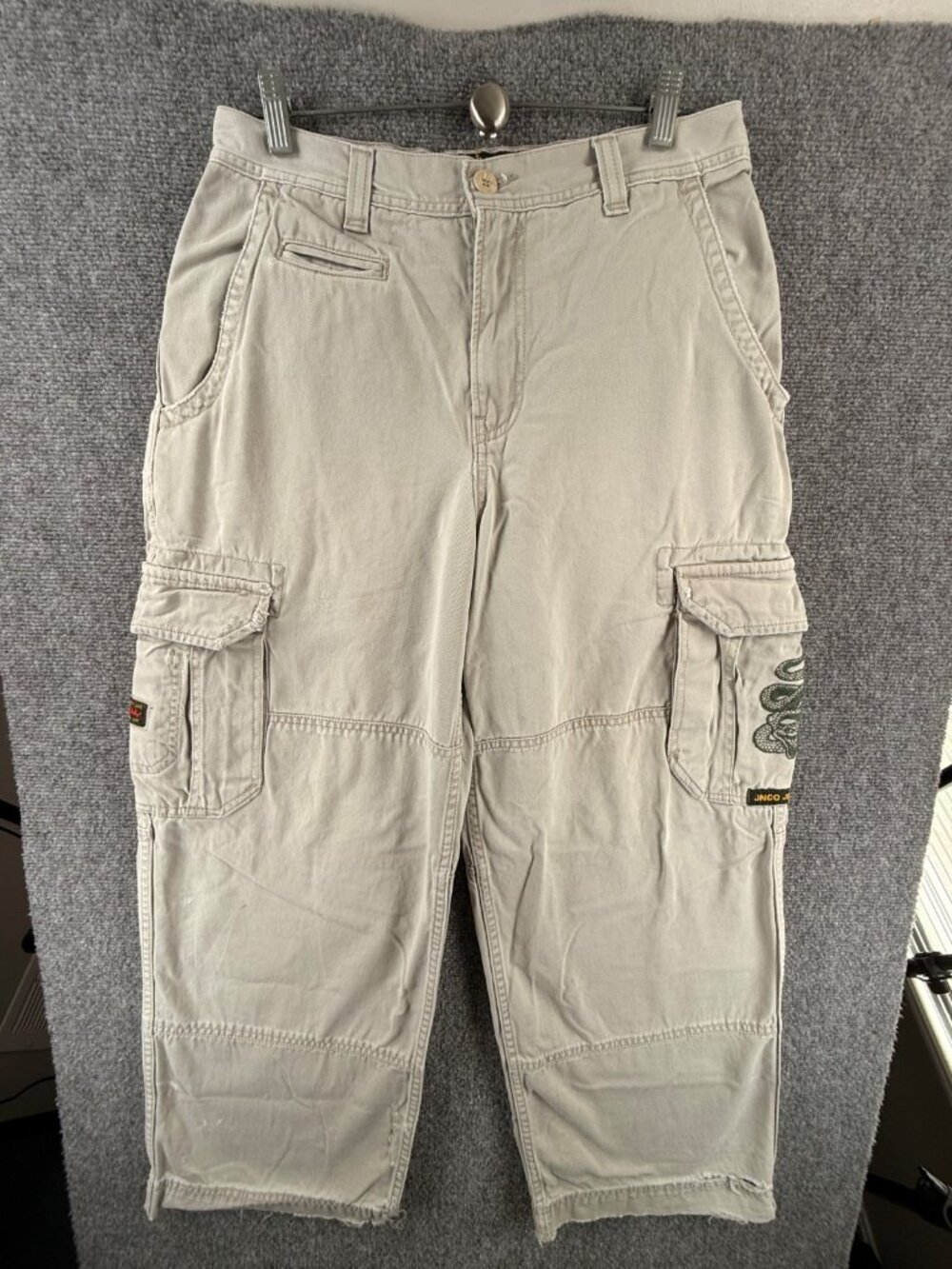 JNCO Jeans Cargo Khaki Pants Embroidered Y2K Beige M1372T1 Cotton ACTL 31X28.5